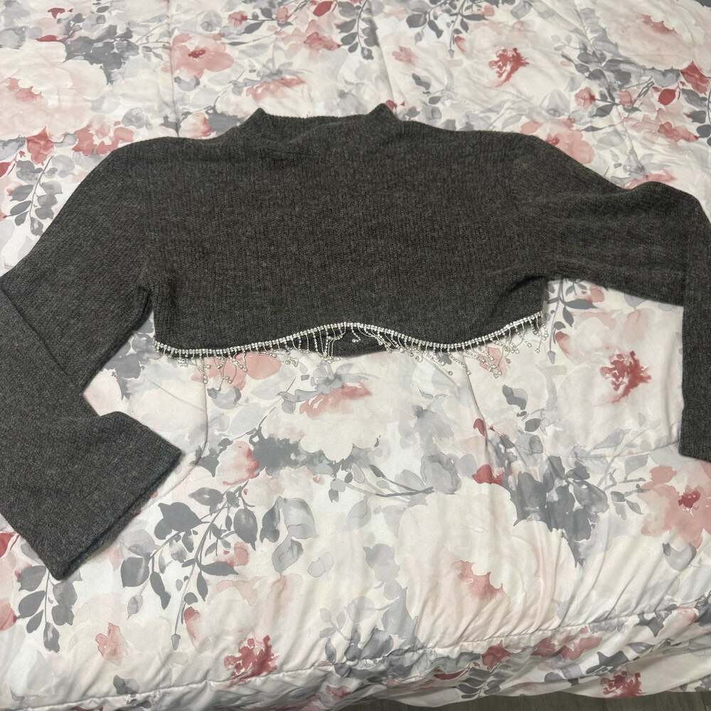 Zara Grey Soft Knit Cropped Sweater with Rhinestone Fringe Hem